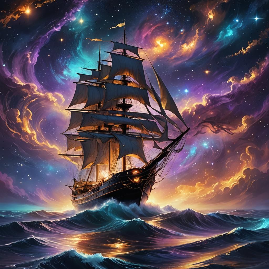Sailboat Amidst Starlight Sea, Fantasy Matte Painting