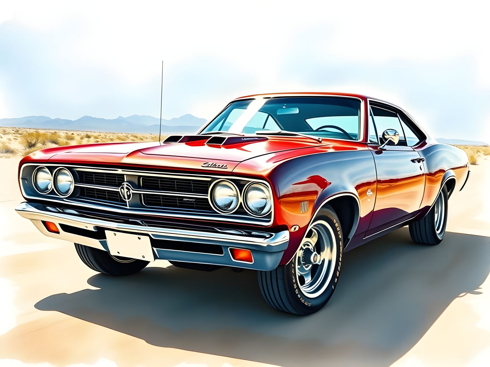 1960s Muscle Car Watercolor Art in Desert