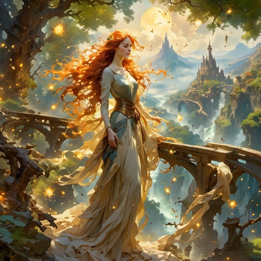 Mystical Auburn-Haired Woman in Fantasy Landscape