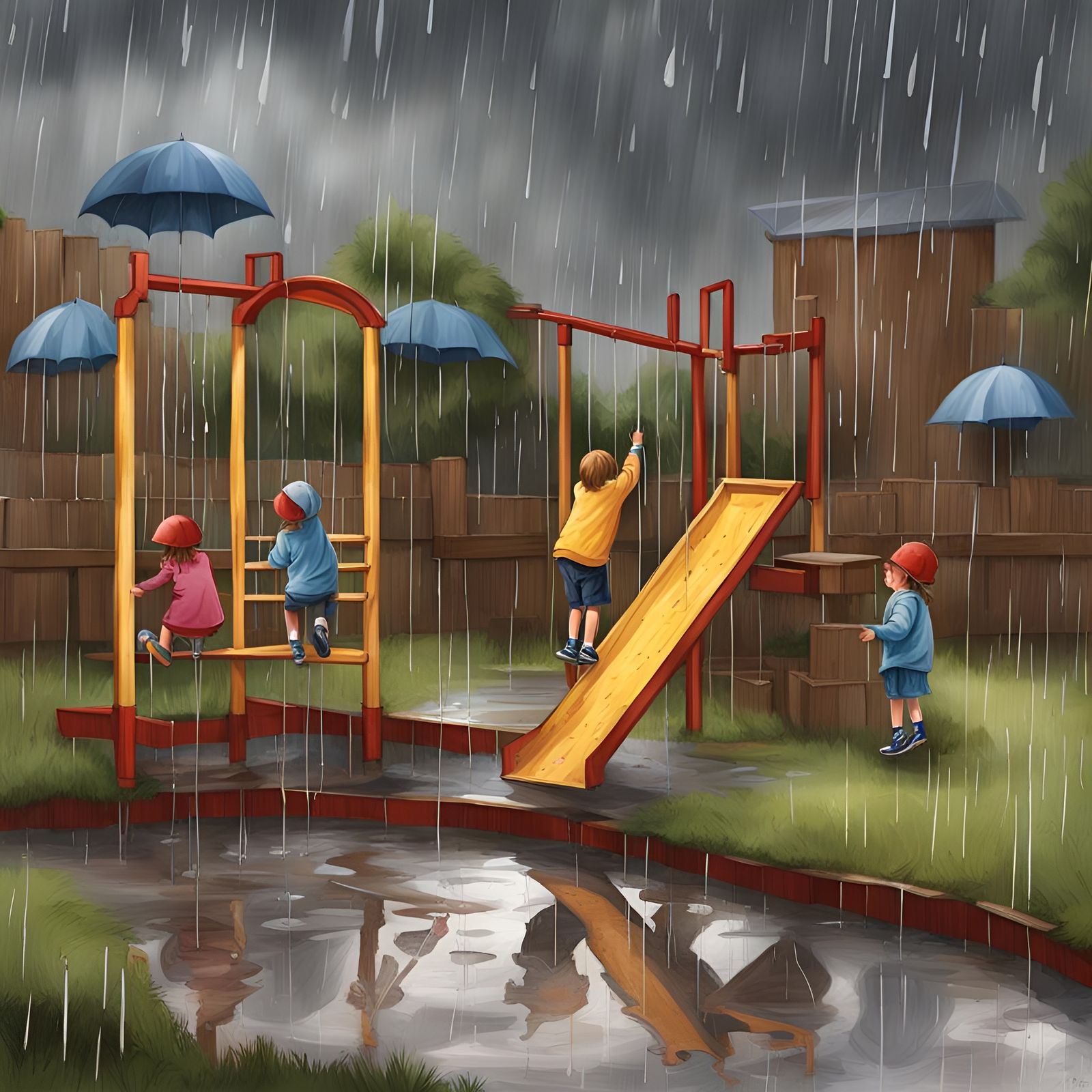 Rainy Day Recess: Children's Puddles in Digital Art