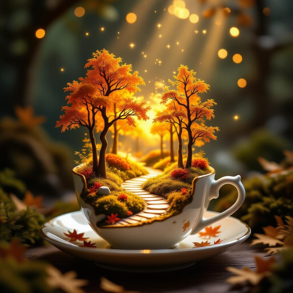 Enchanted Miniature Autumn Forest Diorama in Ceramic Cup