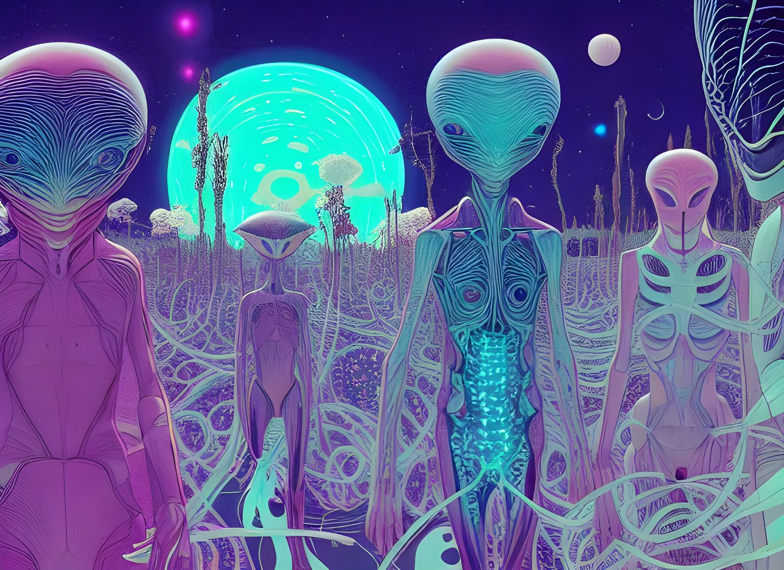 Celestial Alien Gathering with Earth Guests in Surreal Style