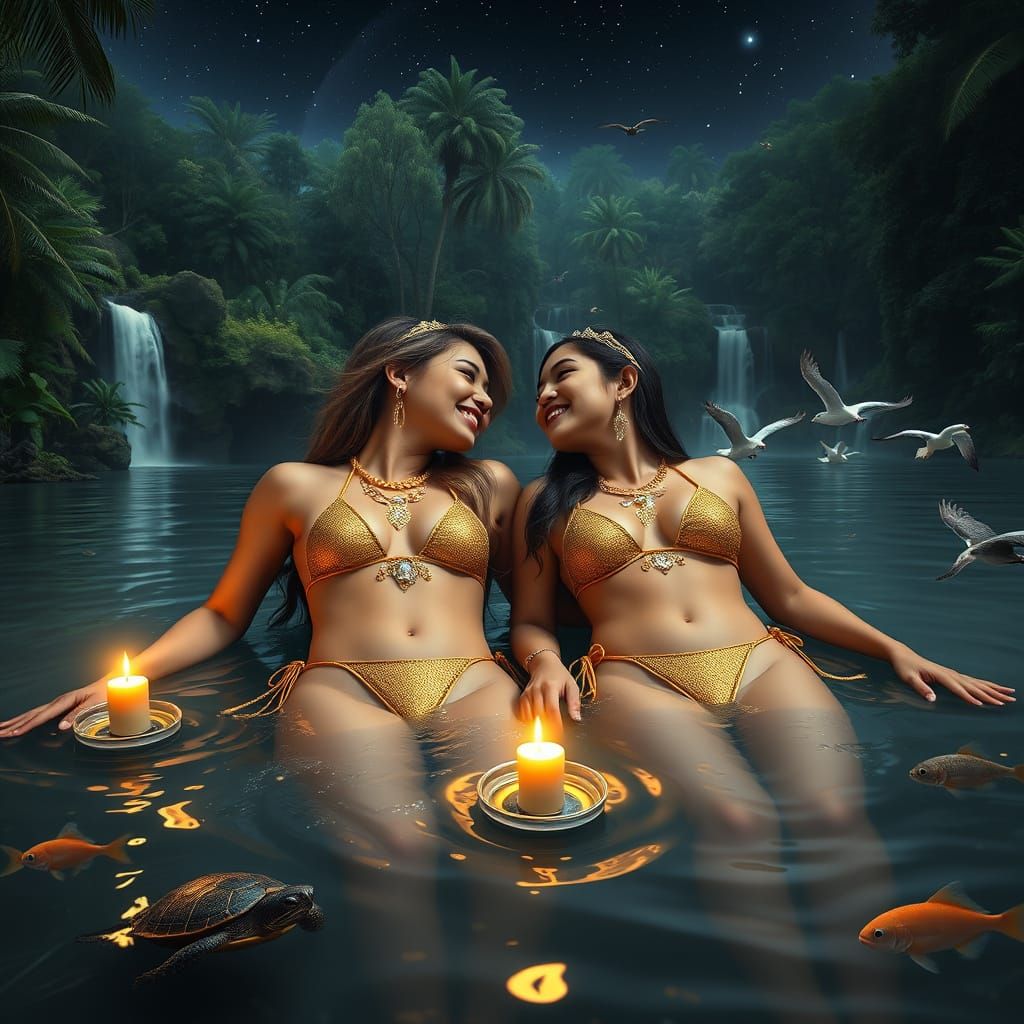 Luminous Tropical Oasis with Lovers and Floating Candles