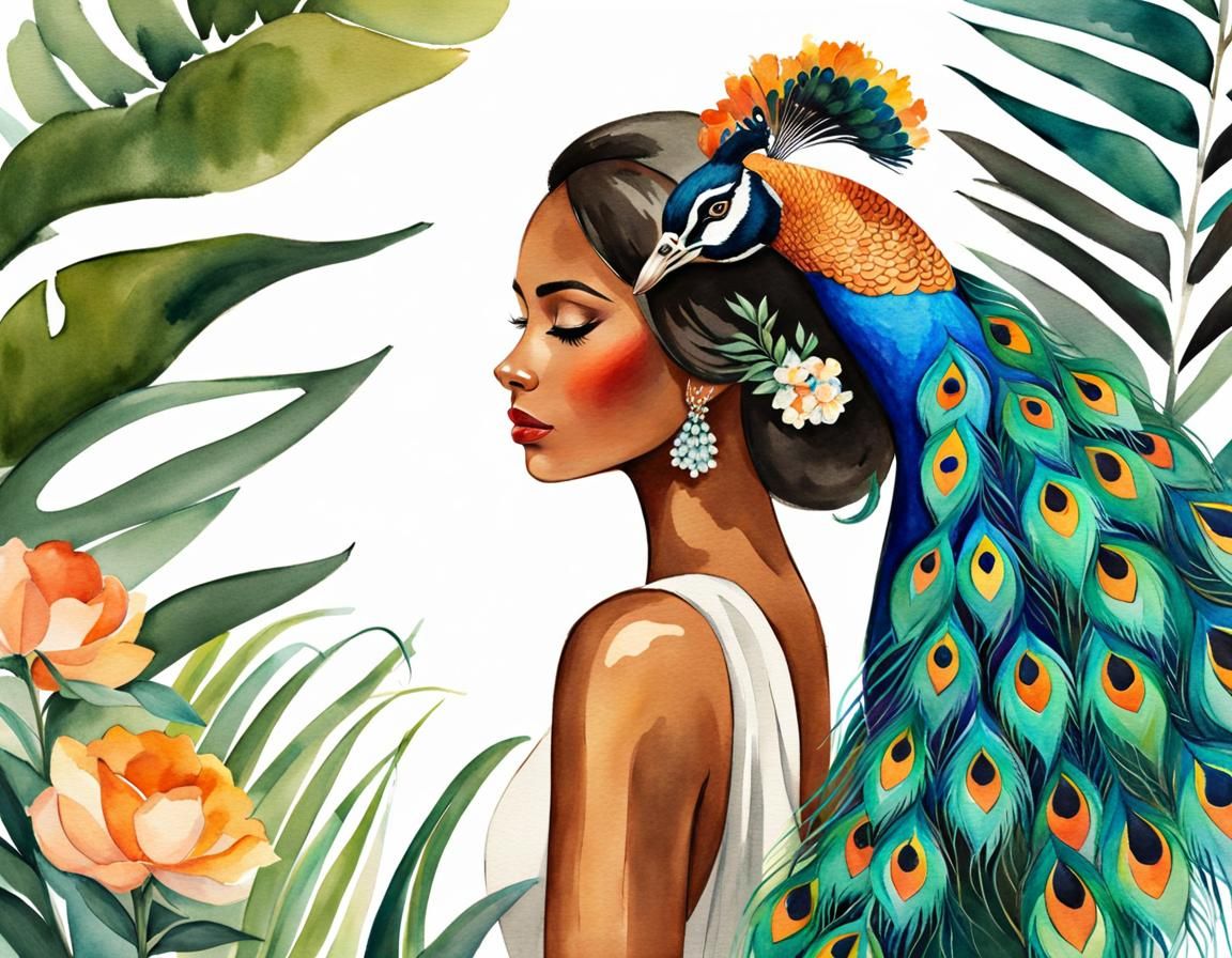 Hispanic Girl with Peacock in Watercolor Jungle