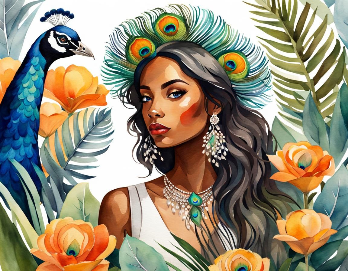 Hispanic Girl and Peacock in Watercolor Jungle