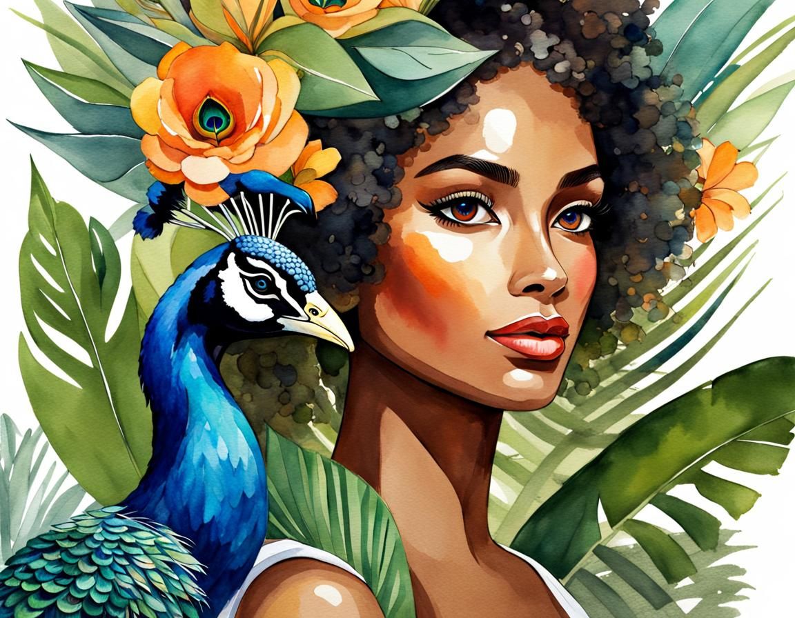 Beautiful Girl with Peacock: Watercolor Illustration