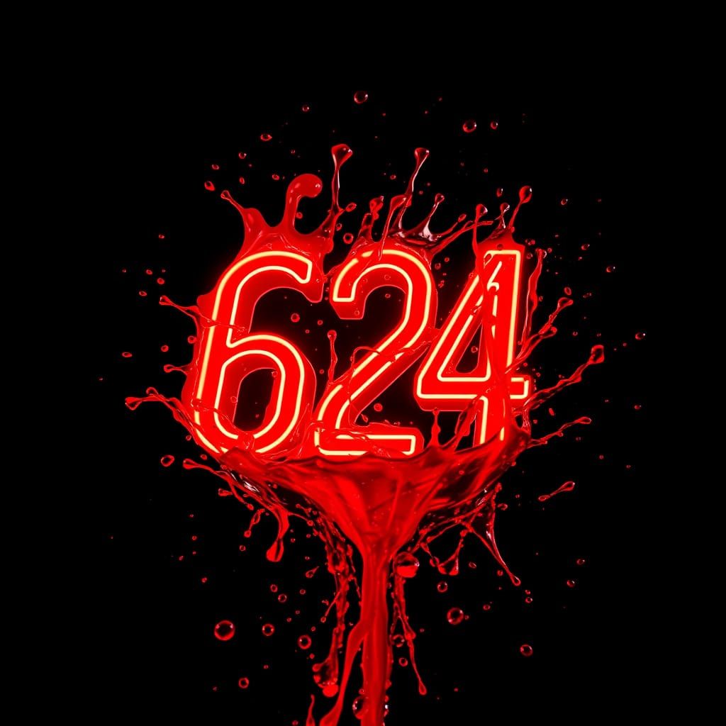 Bold Red Number 624 with Water Droplets