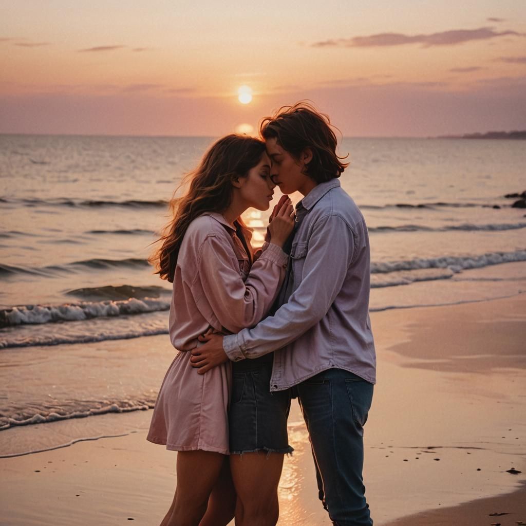 Teenagers Kissing on Beach at Sunset in Romantic Realism