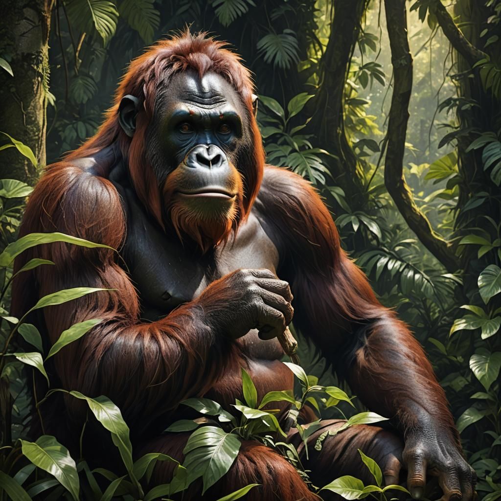 Contemplative Orangutan in Lush Jungle: Hyperrealistic Art