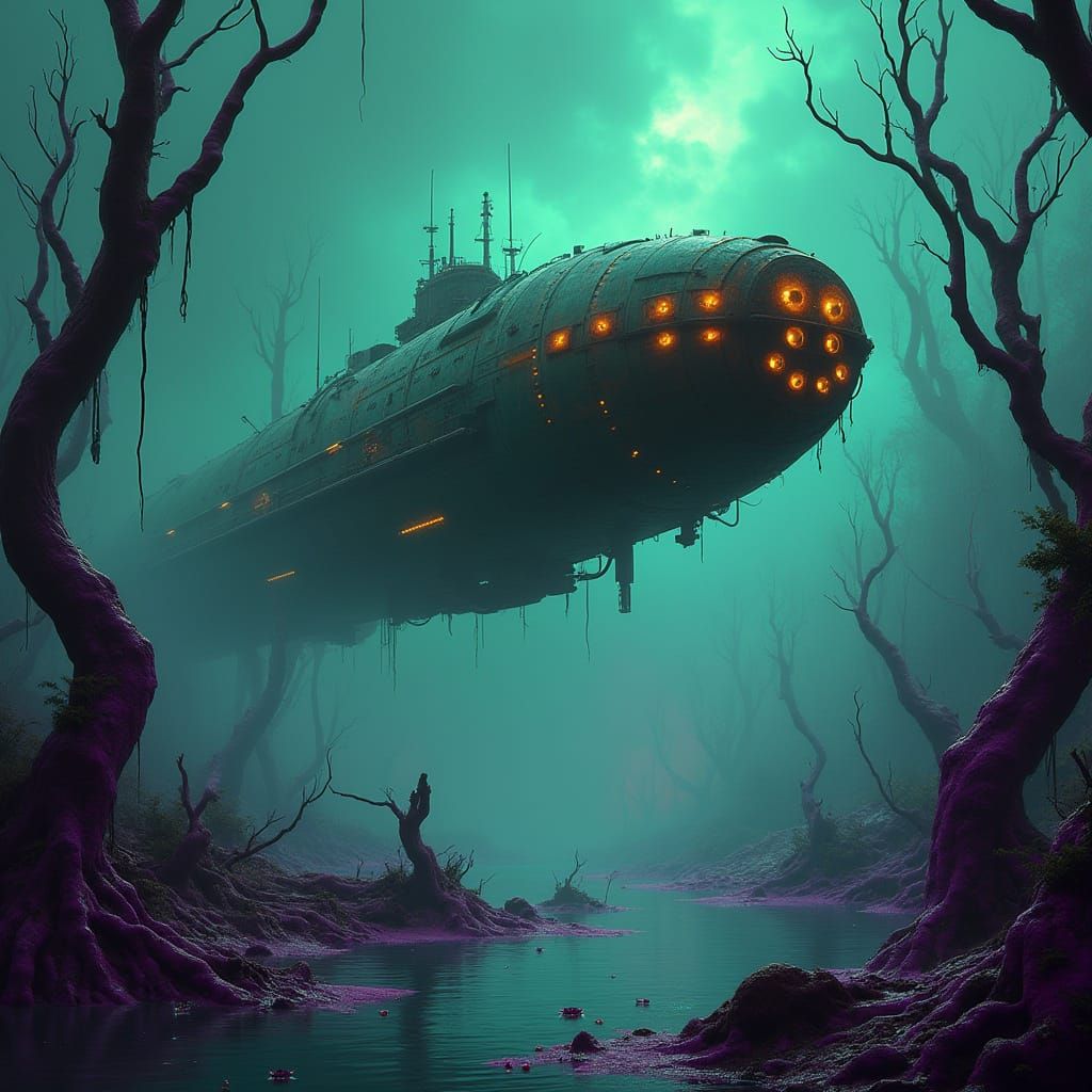 Glowing Eyes Watch from Alien Swamp Depths in Cyberpunk Indu...