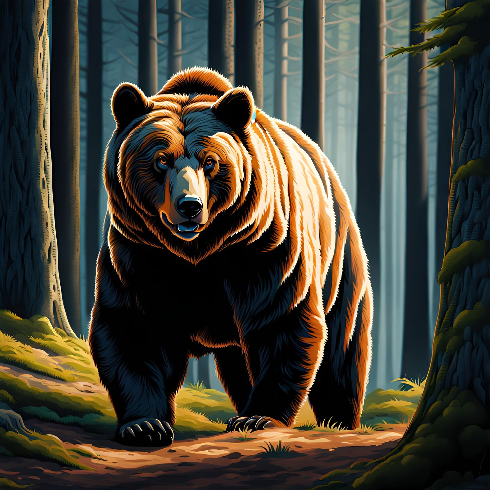 Detailed Illustration of a Huge Bear in Woods