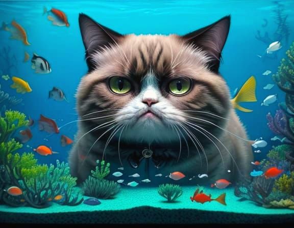 Grumpy Cat Faces Fish in Surreal Aquarium