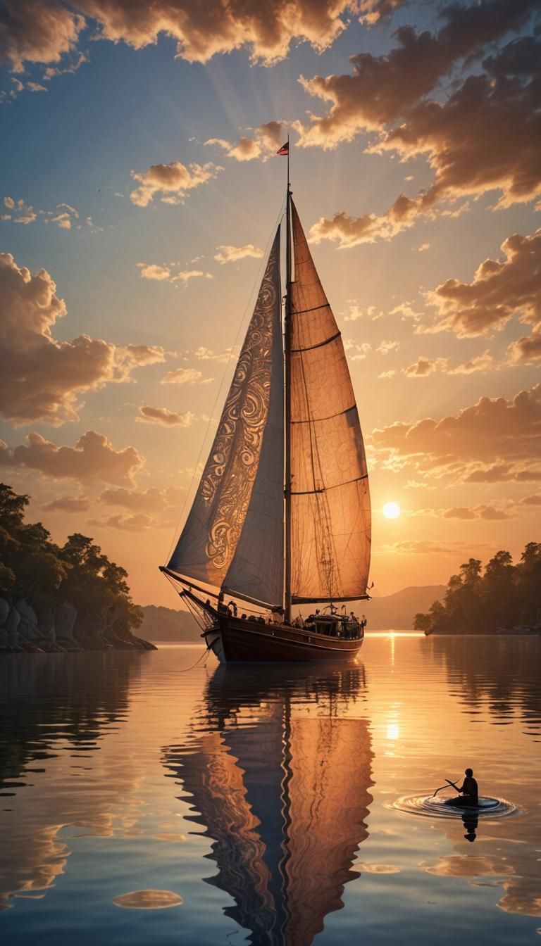 Mermaid Observes a Beautiful Sunrise Sailboat