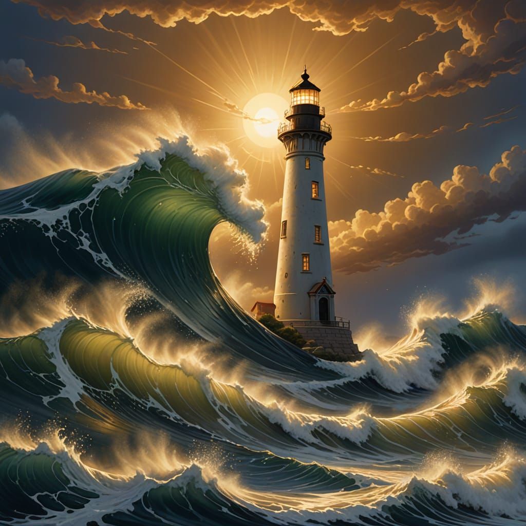 Golden Lighthouse in Storm, Erté Style