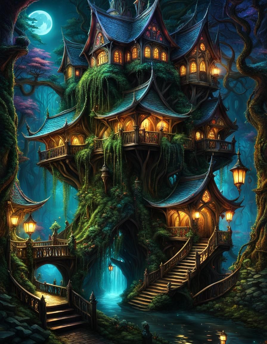Enchanted Dark Fantasy Tree City at Night