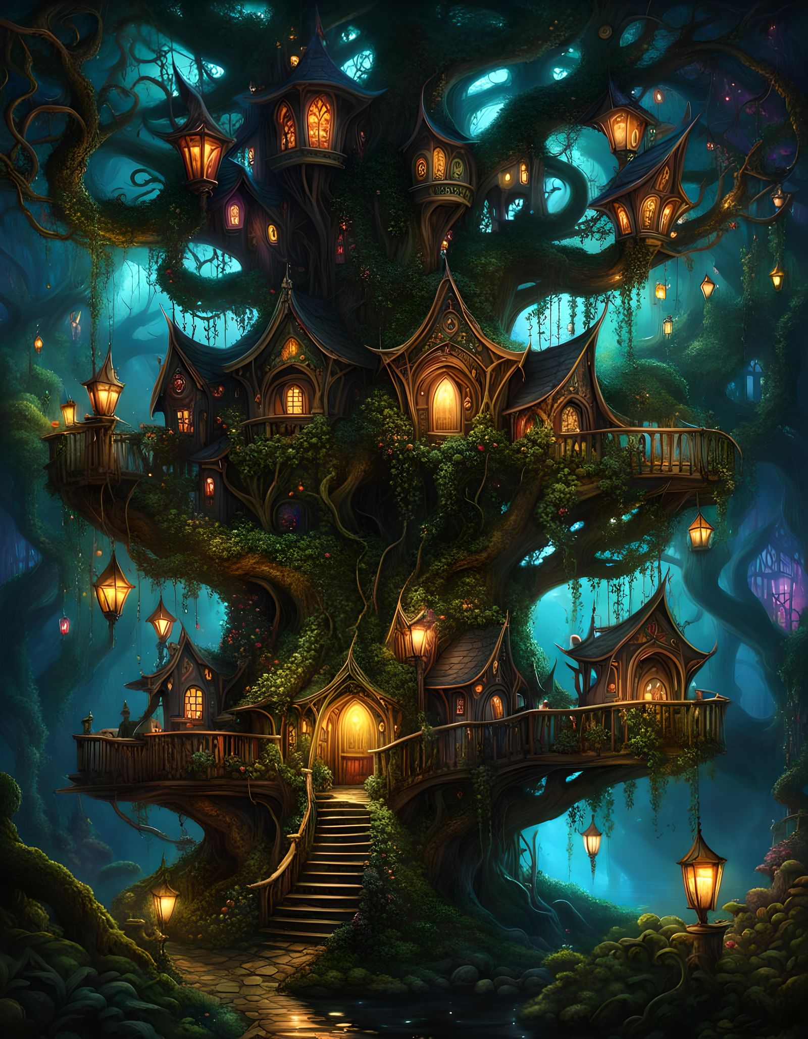 Vibrant Elven Tree City in Dark Fantasy Style