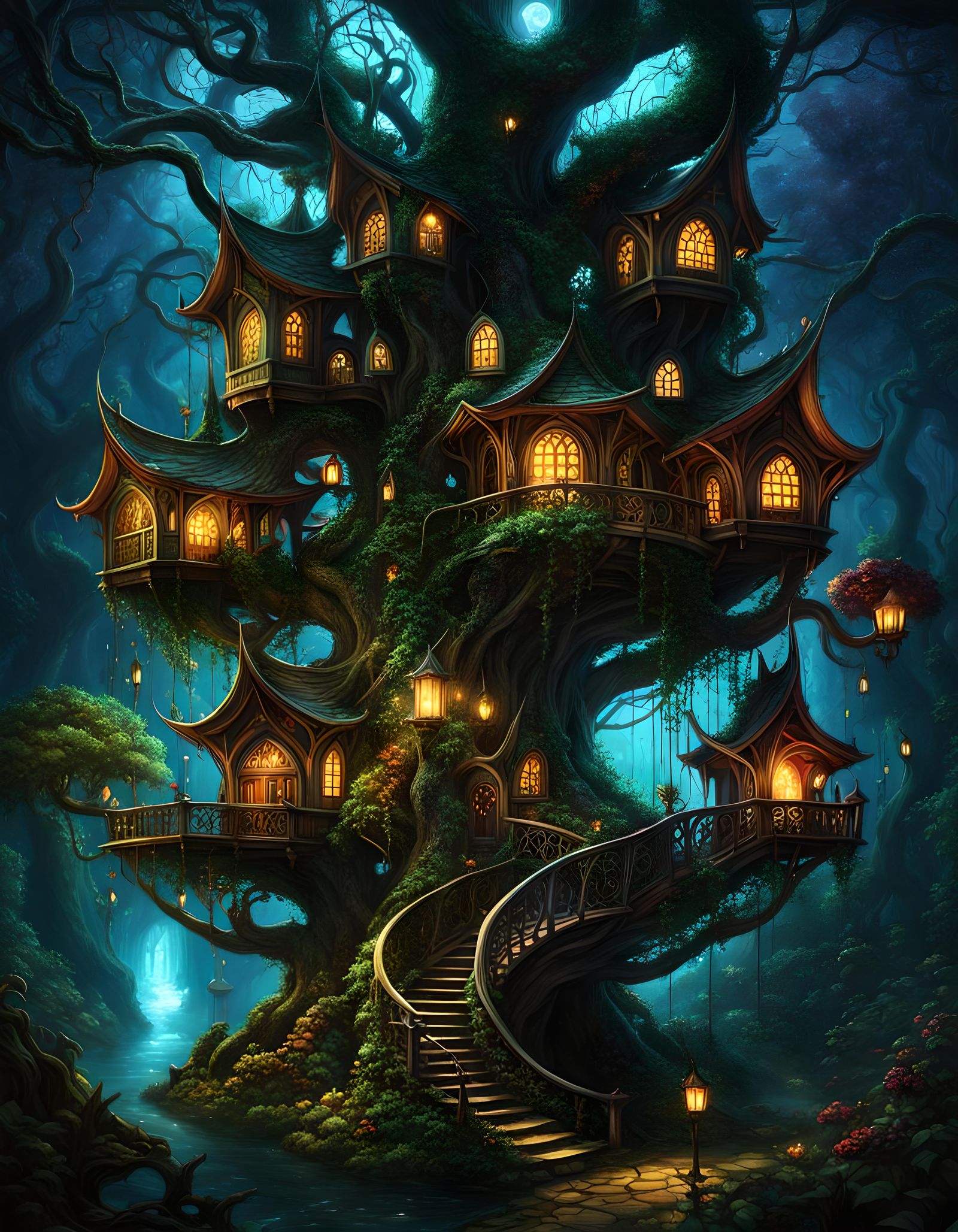 Enchanted Dark Fantasy Tree City at Night