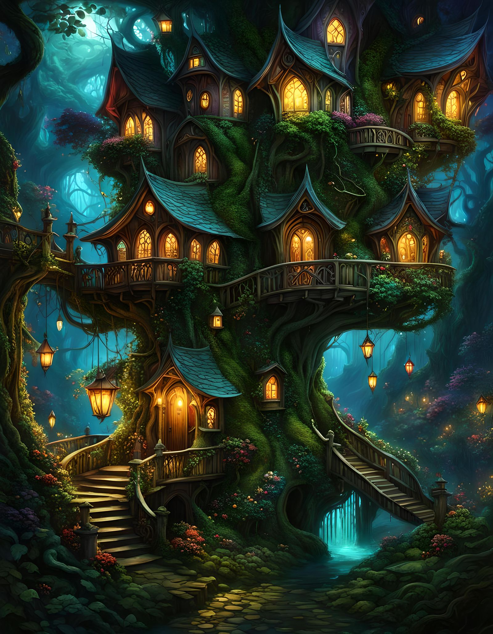 Enchanted Elven City in Dark Fantasy Forest