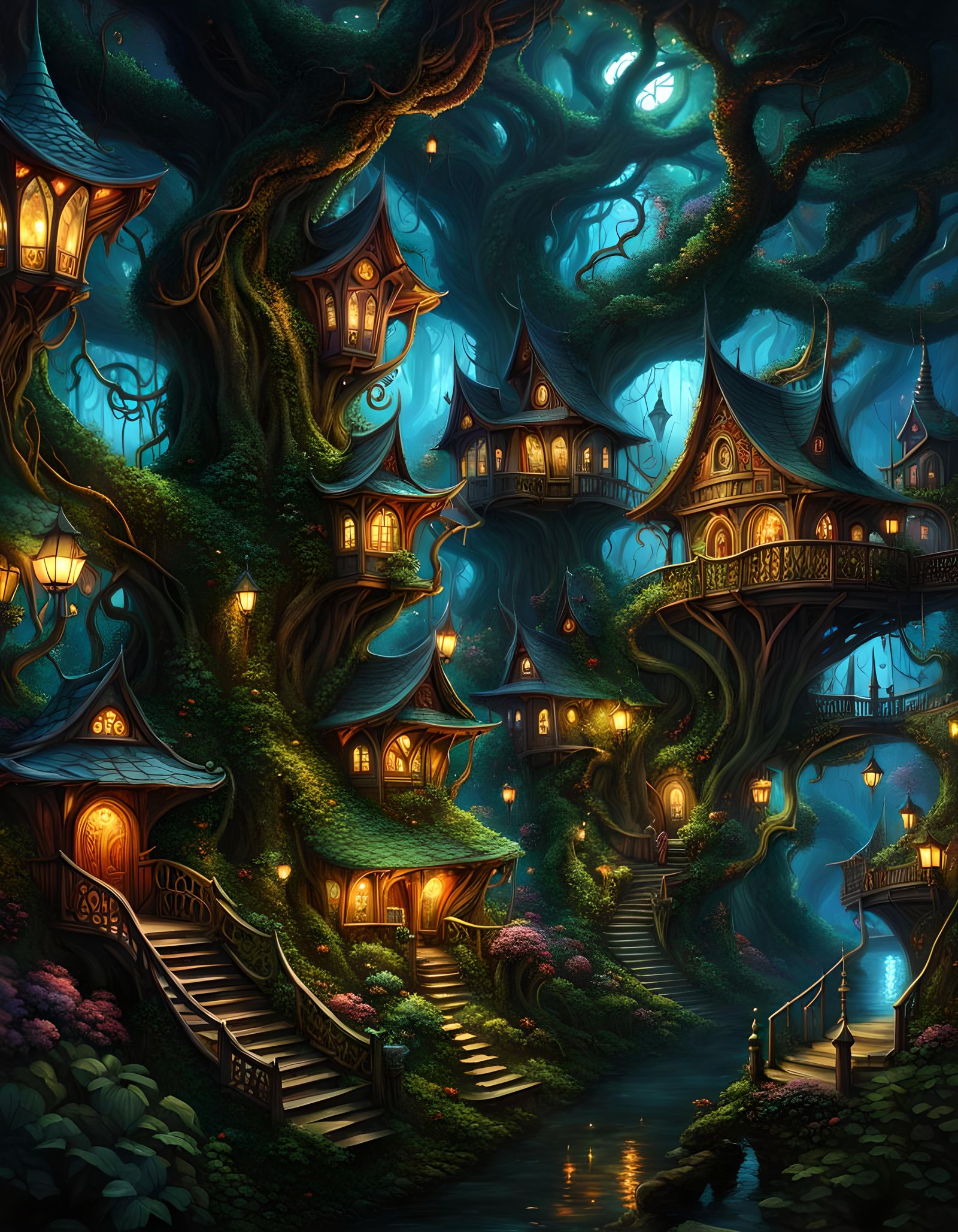 Dark Fantasy Elven Village in Goblincore Style