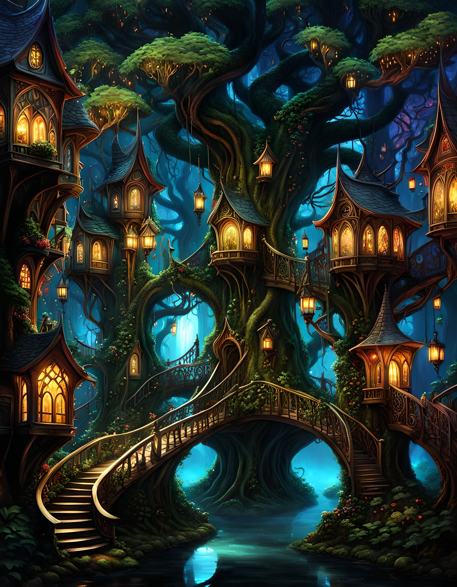 Dark Fantasy Tree City: Elven Village at Night