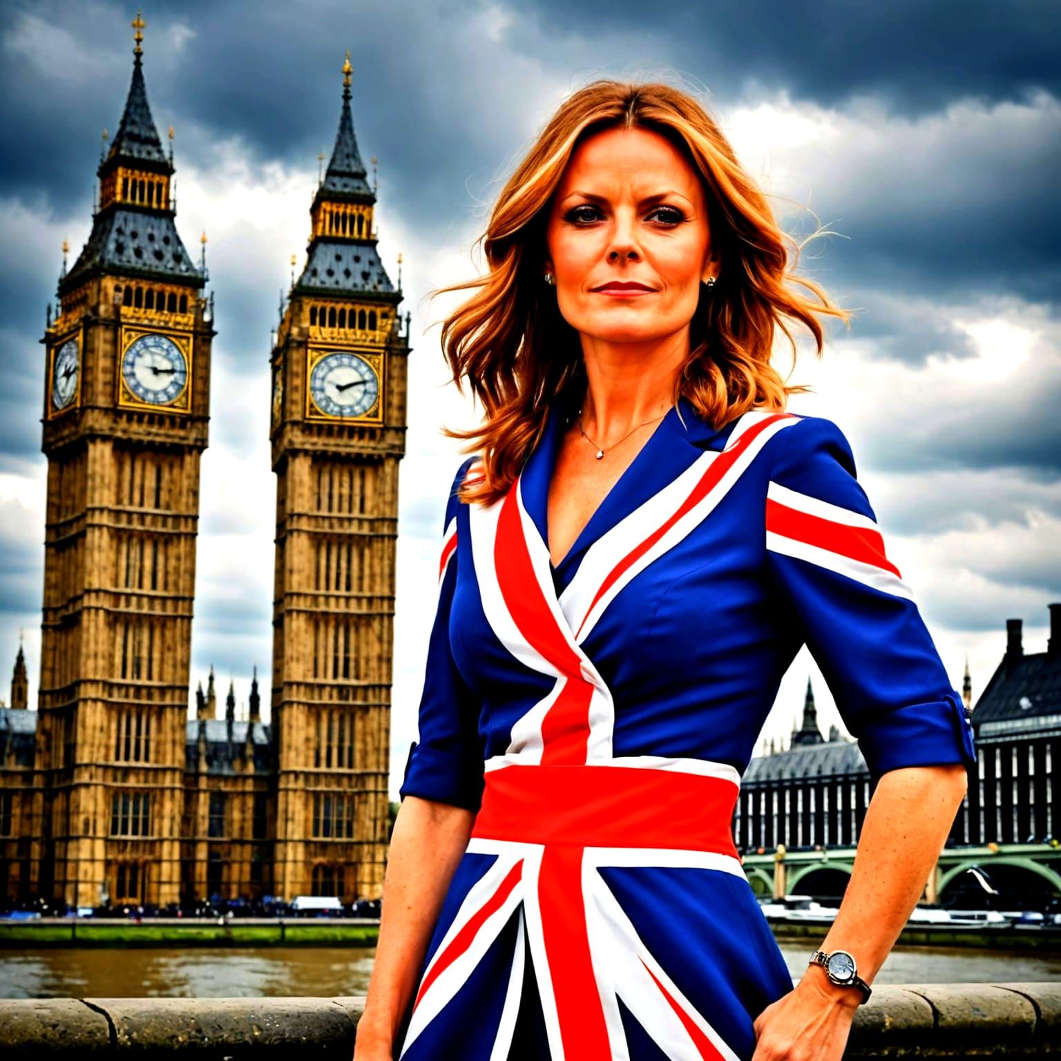 Pop Icon in Union Jack Dress near Big Ben