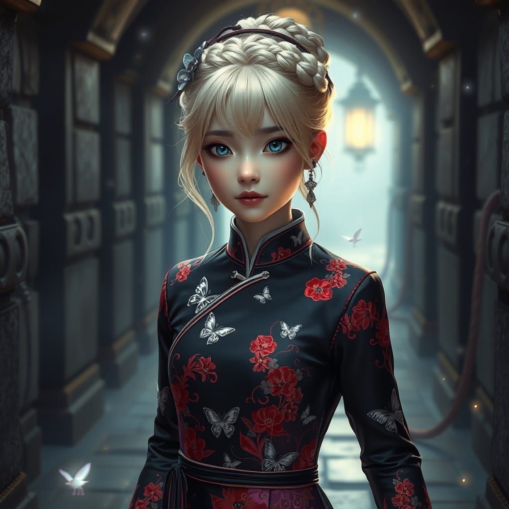 Girl in Enchanted Cheongsam Strolls Through Mystical Corrido...