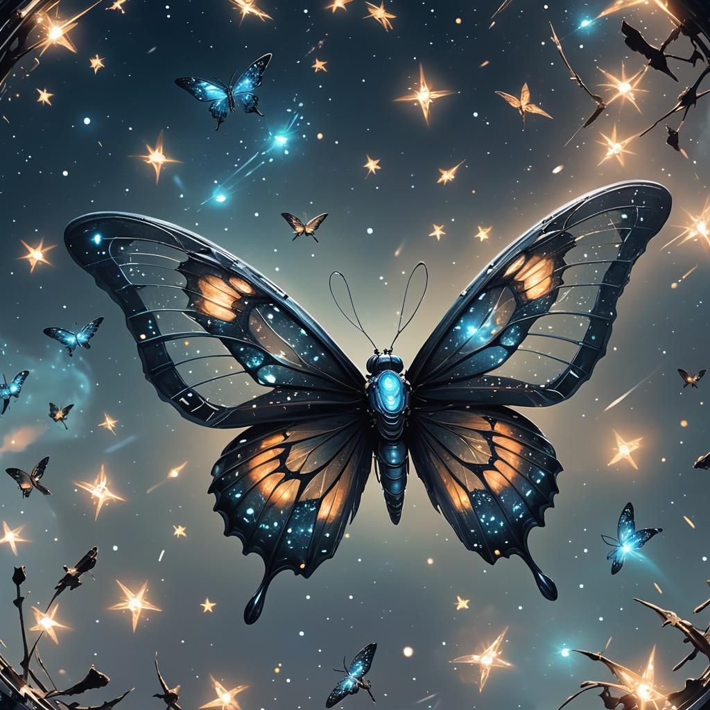 Bioluminescent Space Butterfly Amidst Starship Debris
