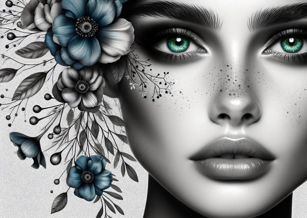 Elegant Vogue Portrait with Green Eyes and Blue Flowers