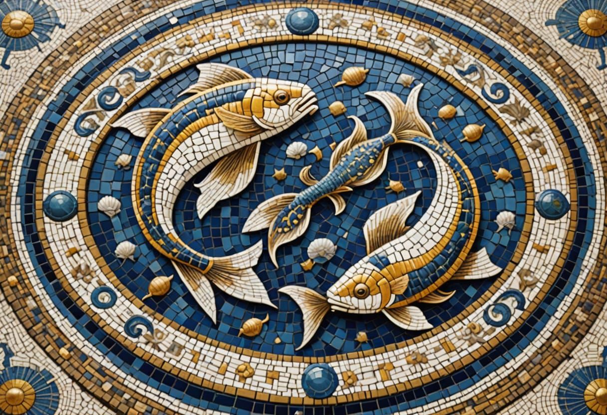 Ancient Greek Zodiac Mosaic in Blues and Gold