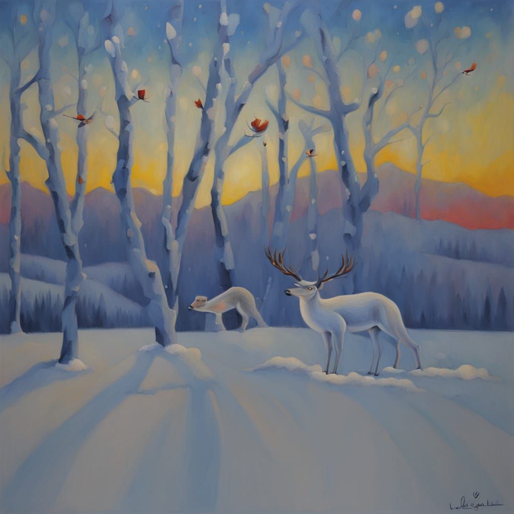 Naive Art Oil Painting: Woman in Snowy Forest