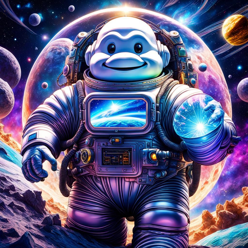 Michelin Man Repairs Satellite: Cosmic Astral Illustration