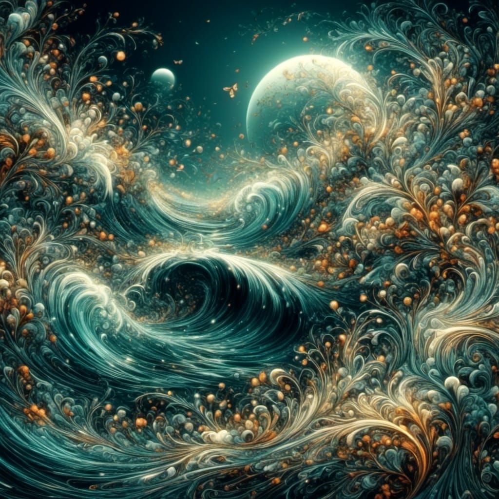 Abstract Waves with Floral Designs in Vector Style