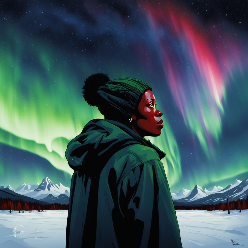 Black Woman Watching Aurora in the Snow