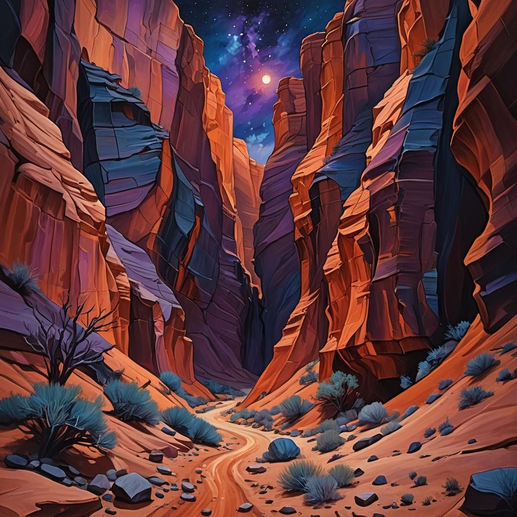 Vibrant Slot Canyon at Night as Impasto Painting