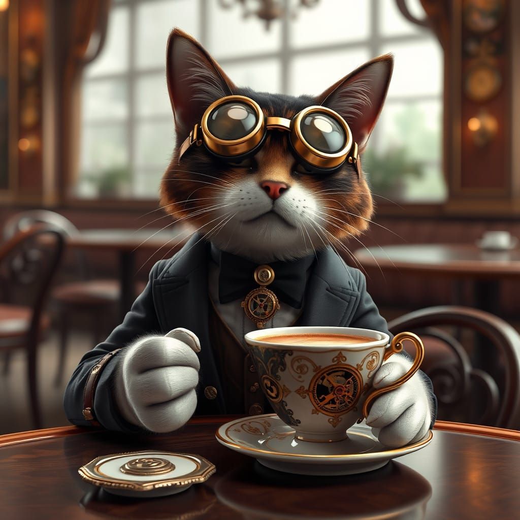 Steampunk Cat Sips Latte in Victorian-Inspired Café