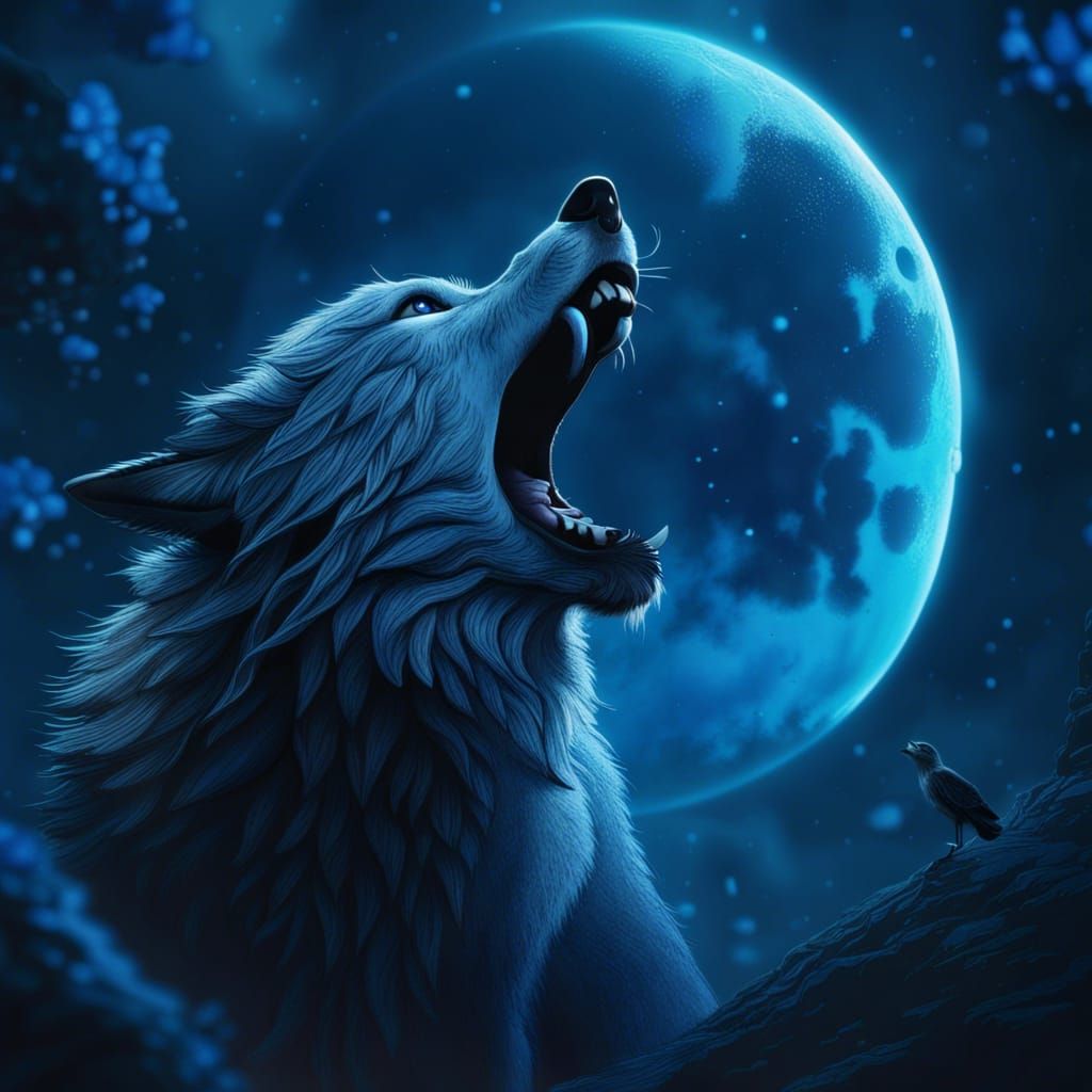 Wolf Howling at Blue Moon in Detailed Matte Painting