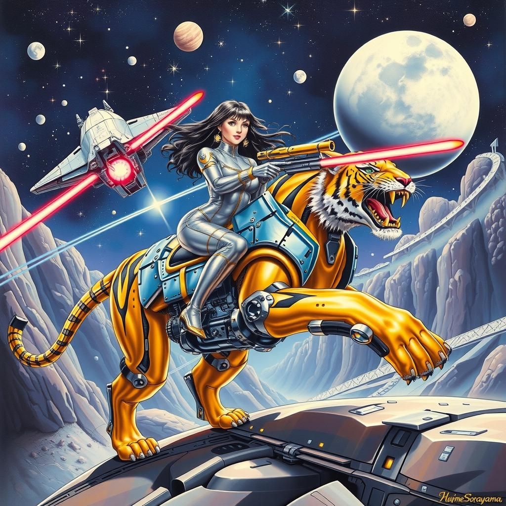 Cyberpunk Pin-Up Rides Robotic Tiger in Space