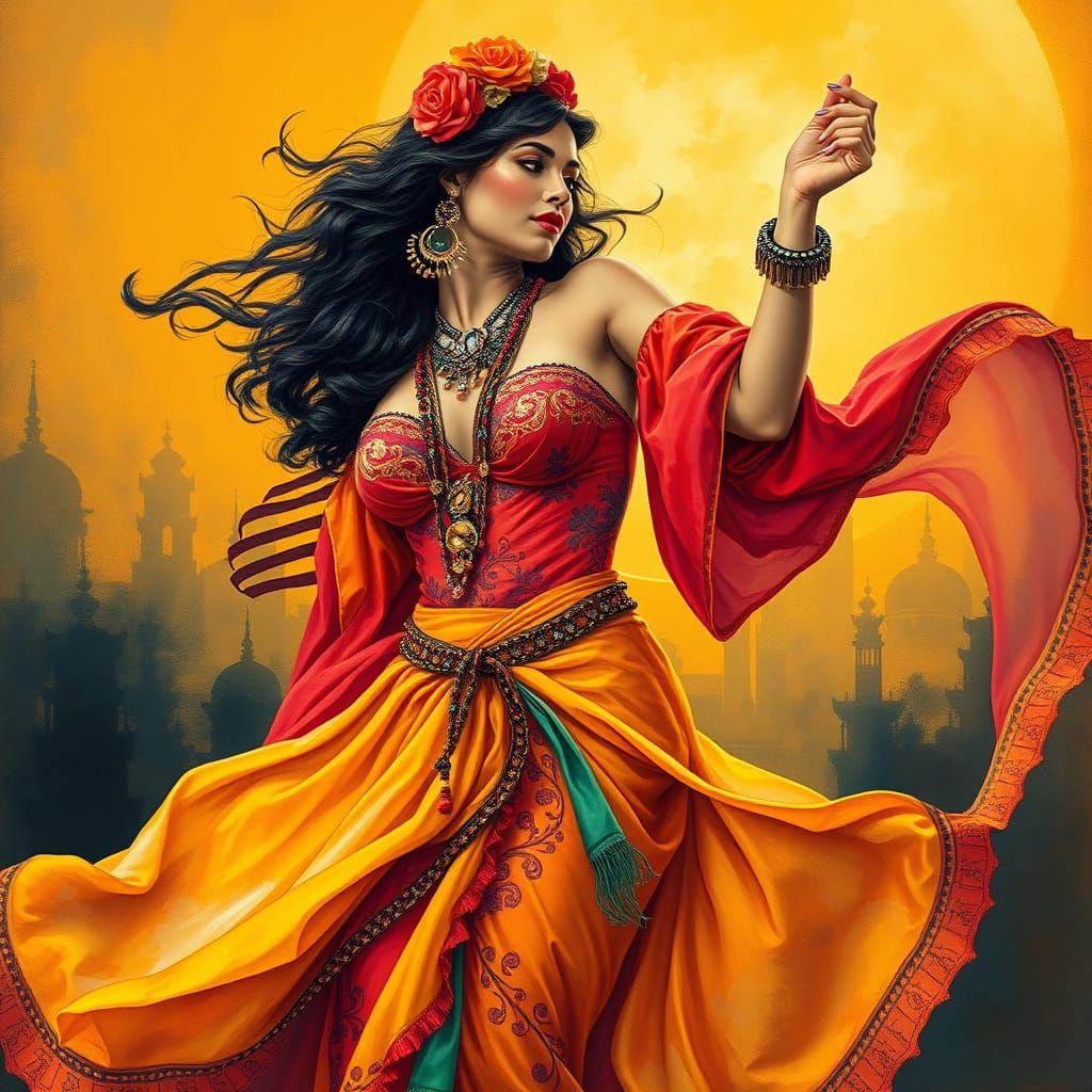 Gypsy Woman Dancing: A Maximalist Gouache and Watercolor Mas...