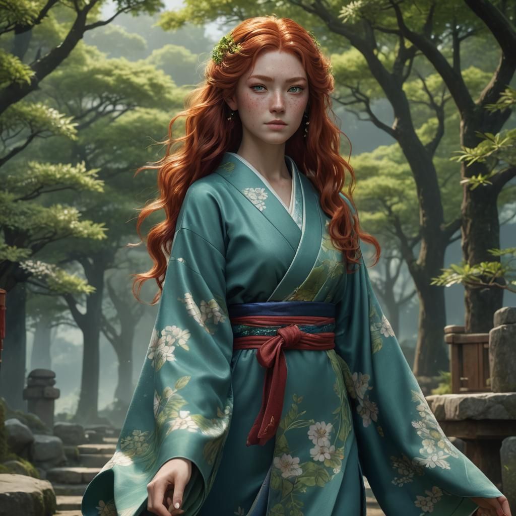 Red-Haired Woman in Kimono, Detailed Fantasy Art