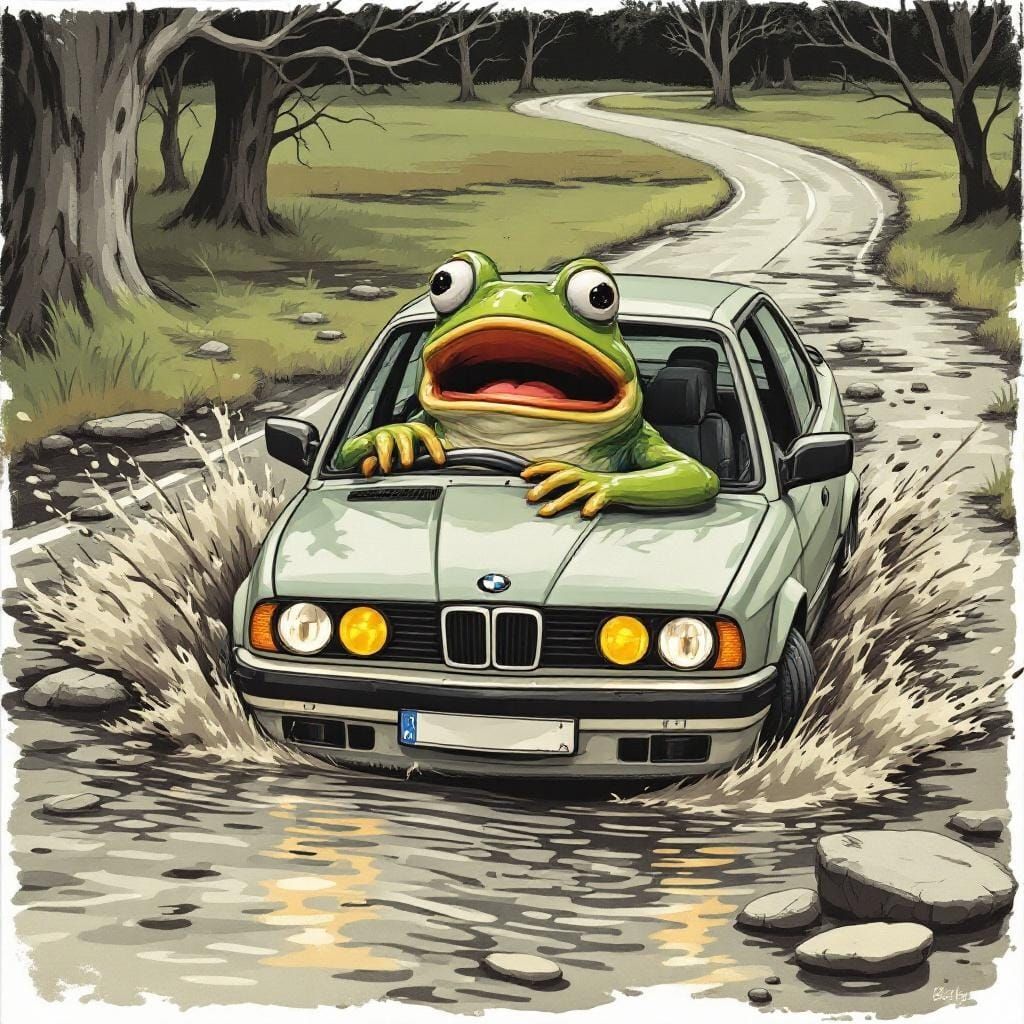 Frog Driving BMW Through Swamp Illustration