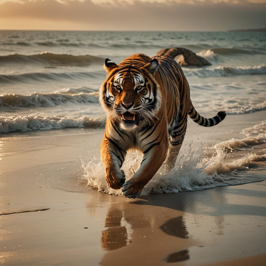 Tiger Running on Beach at Sunrise: Cinematic Wildlife