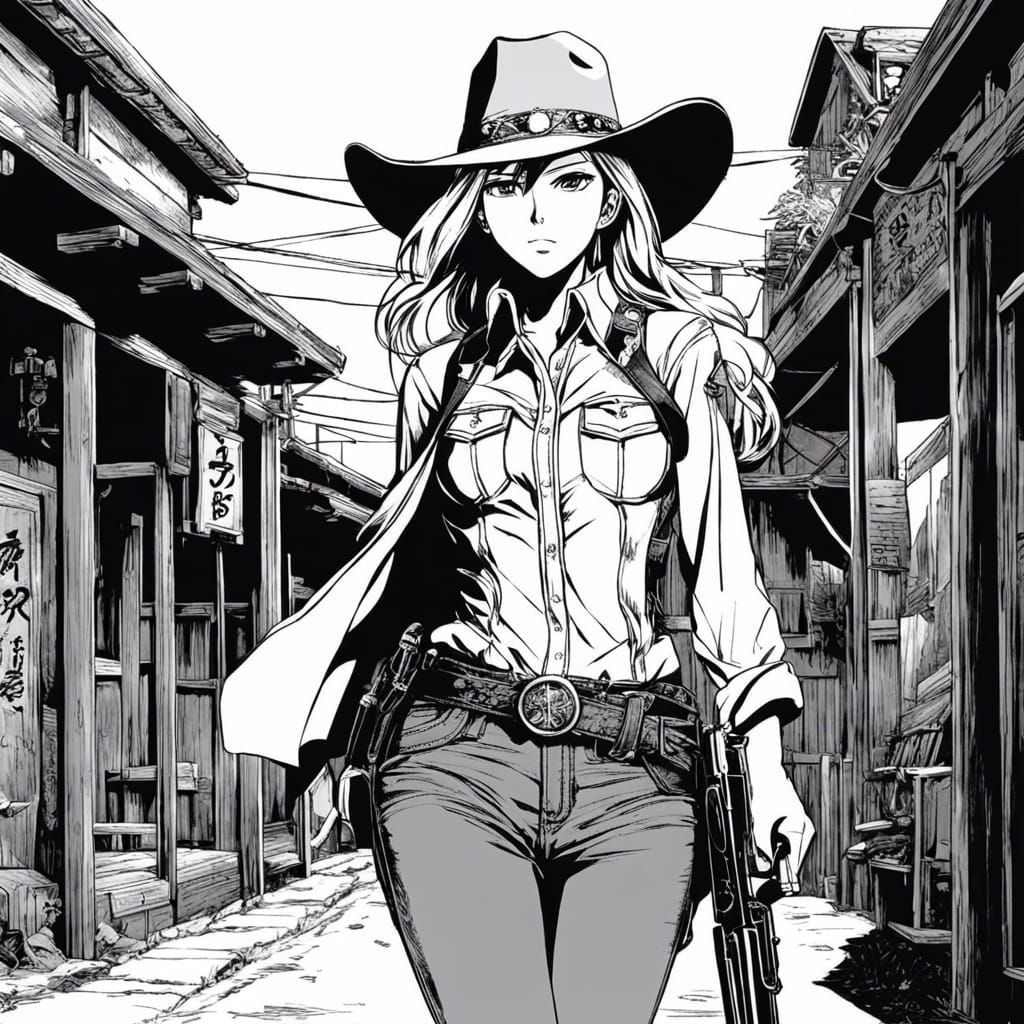 Manga Cowgirl Walks Down Western Street