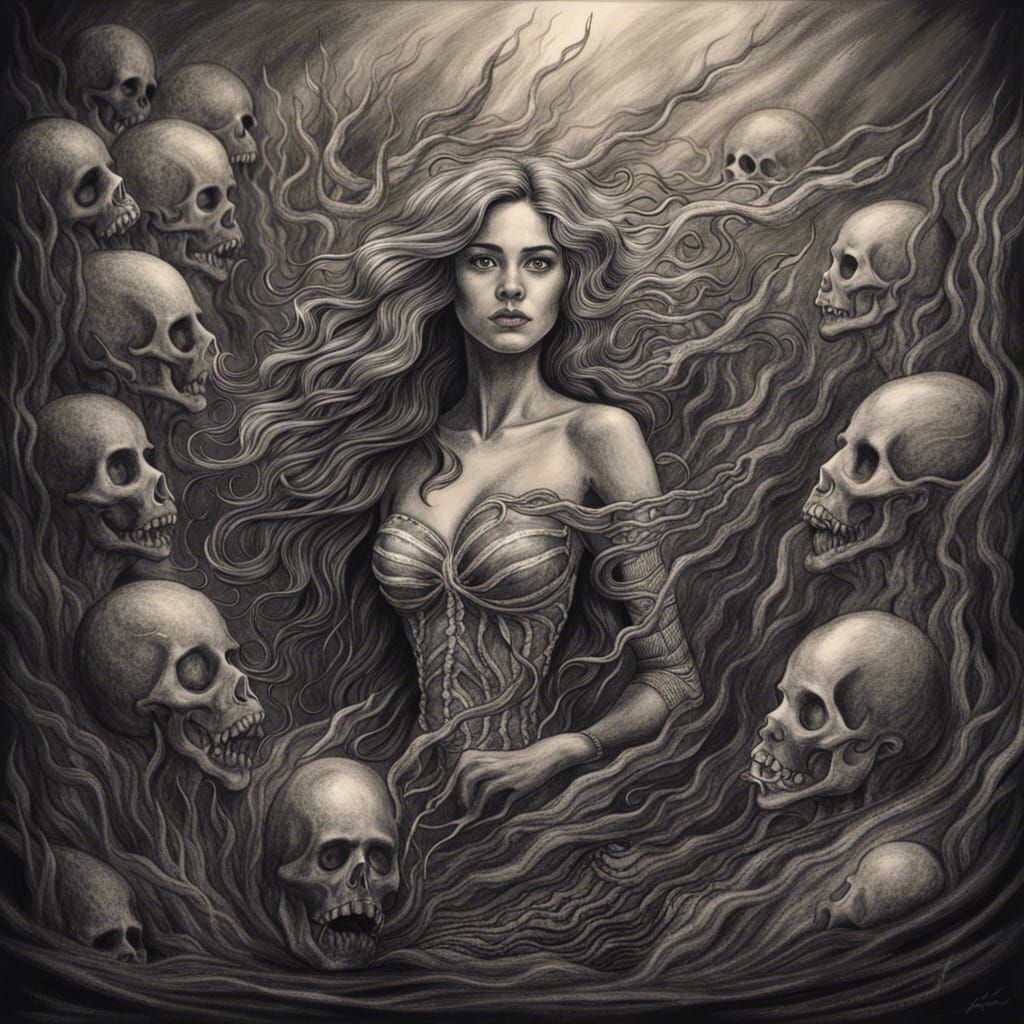 Underwater Mermaid with Shipwreck in Charcoal Style