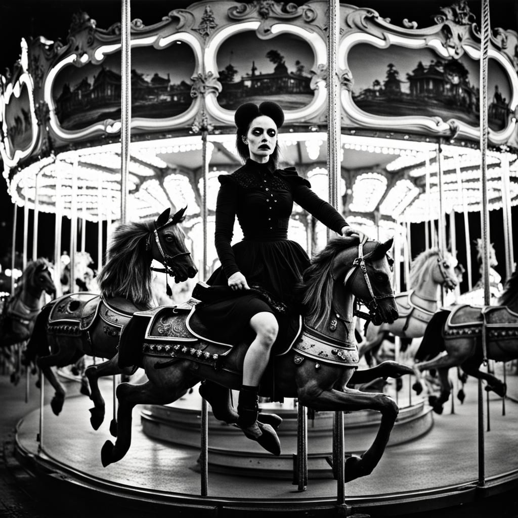 Goth Woman on Scary Carousel: 1980s Glitch Photo