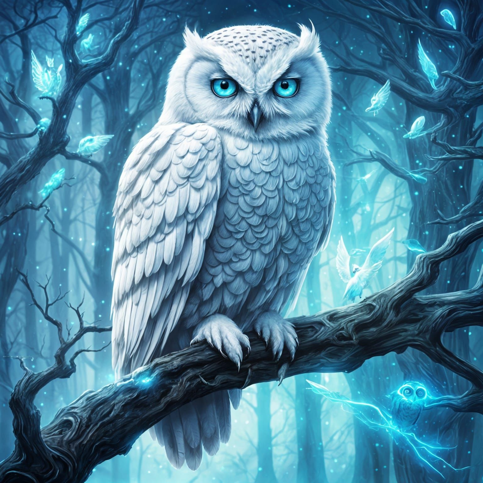 Radiant White Owl with Glowing Blue Eyes