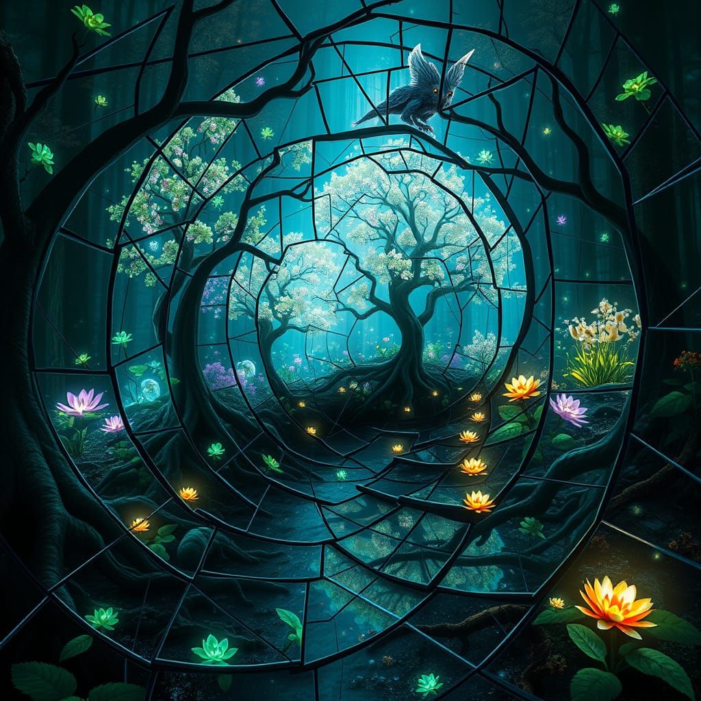 Surreal Mirror Labyrinth with Bioluminescent Plants