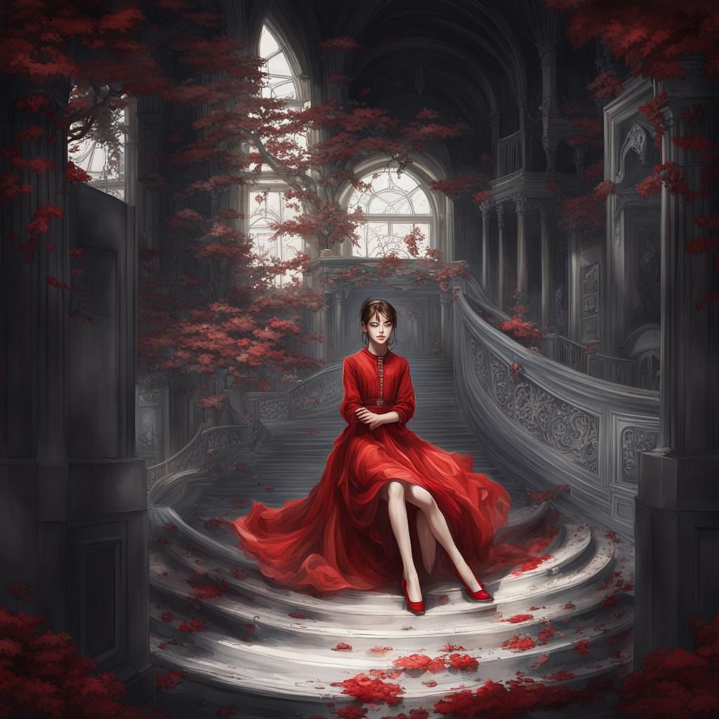 Beautiful Girl with Red Dress and Evil Charm