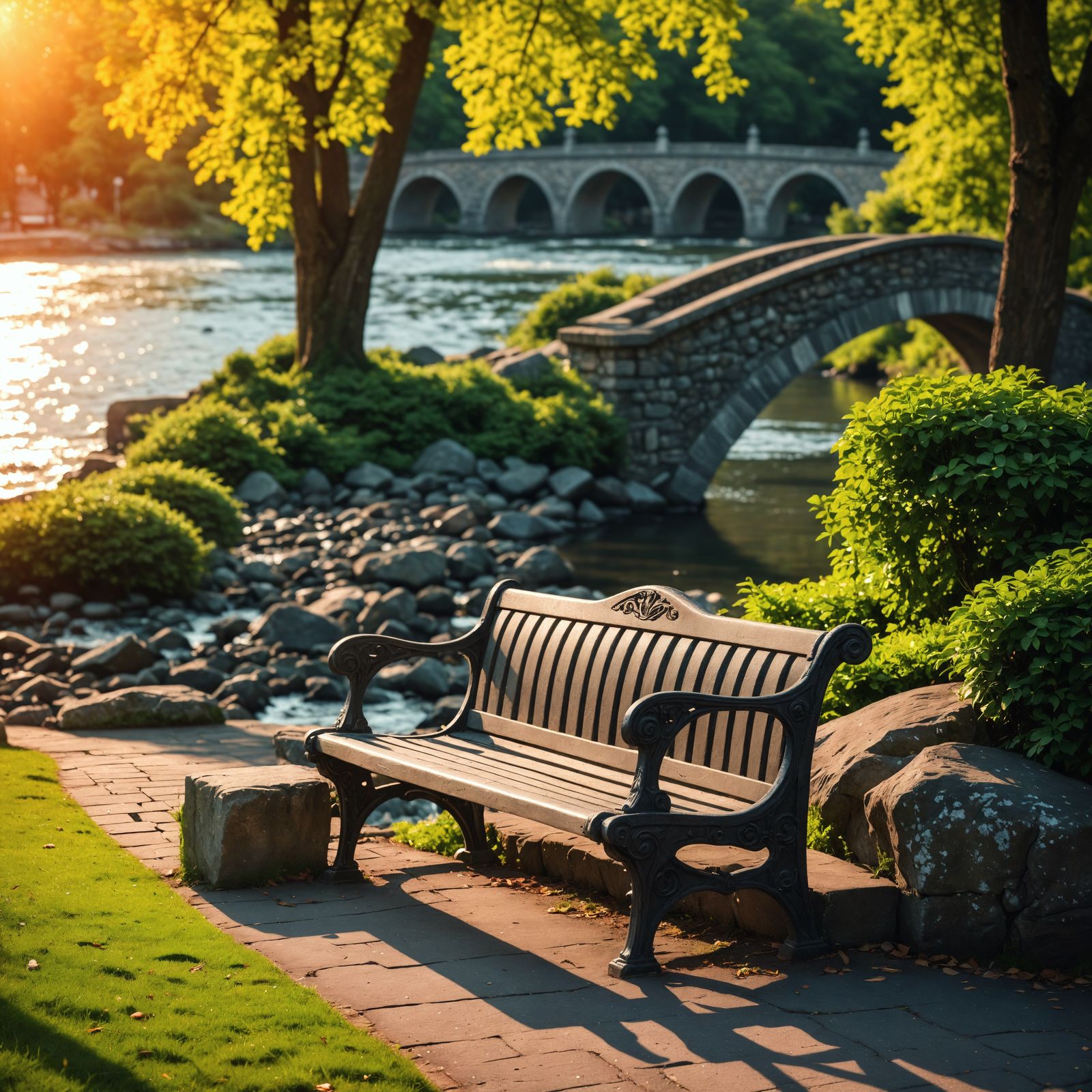 Bench by River Bridge in Hyperrealistic HDR