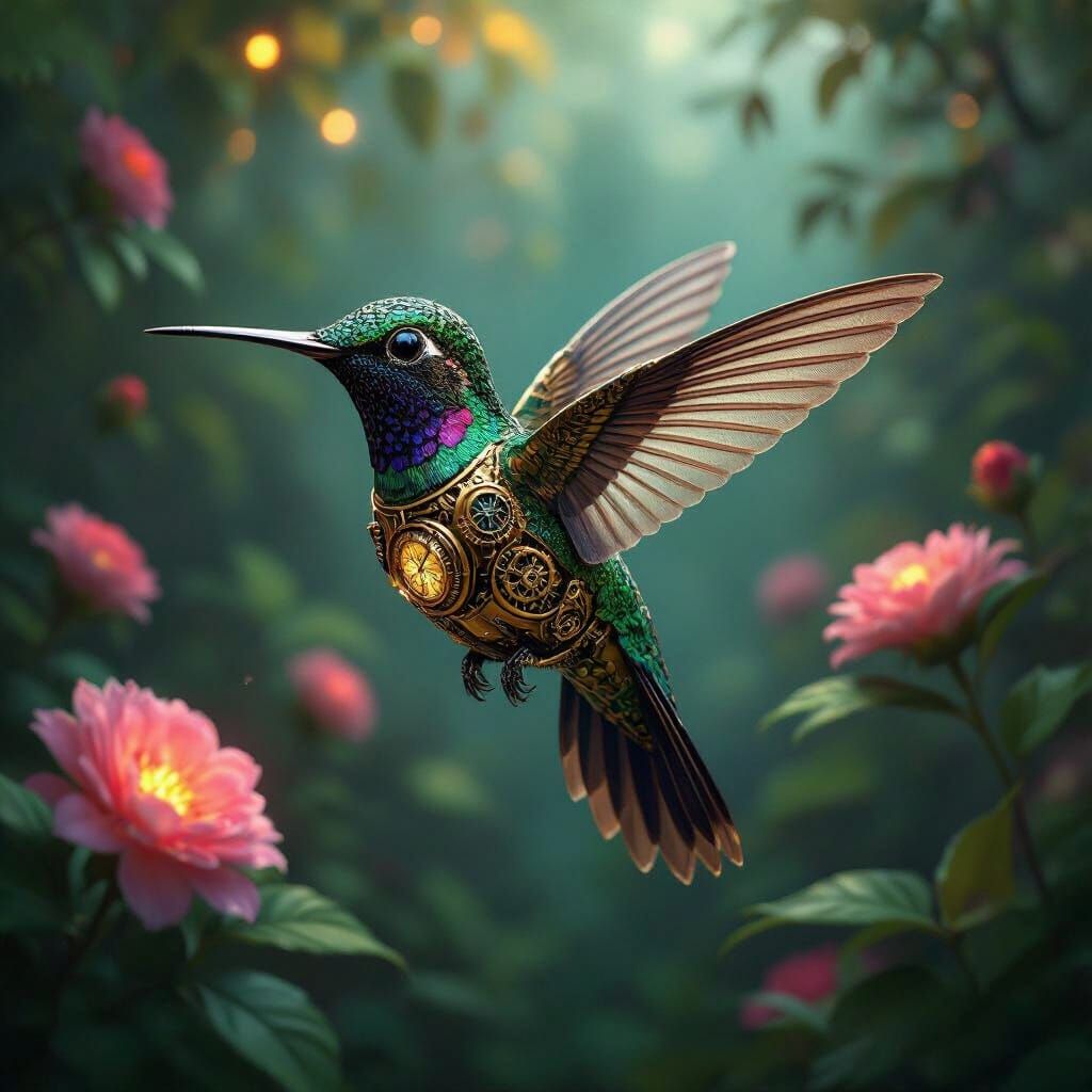 Steampunk Hummingbird with Clockwork Wings in Surreal Garden