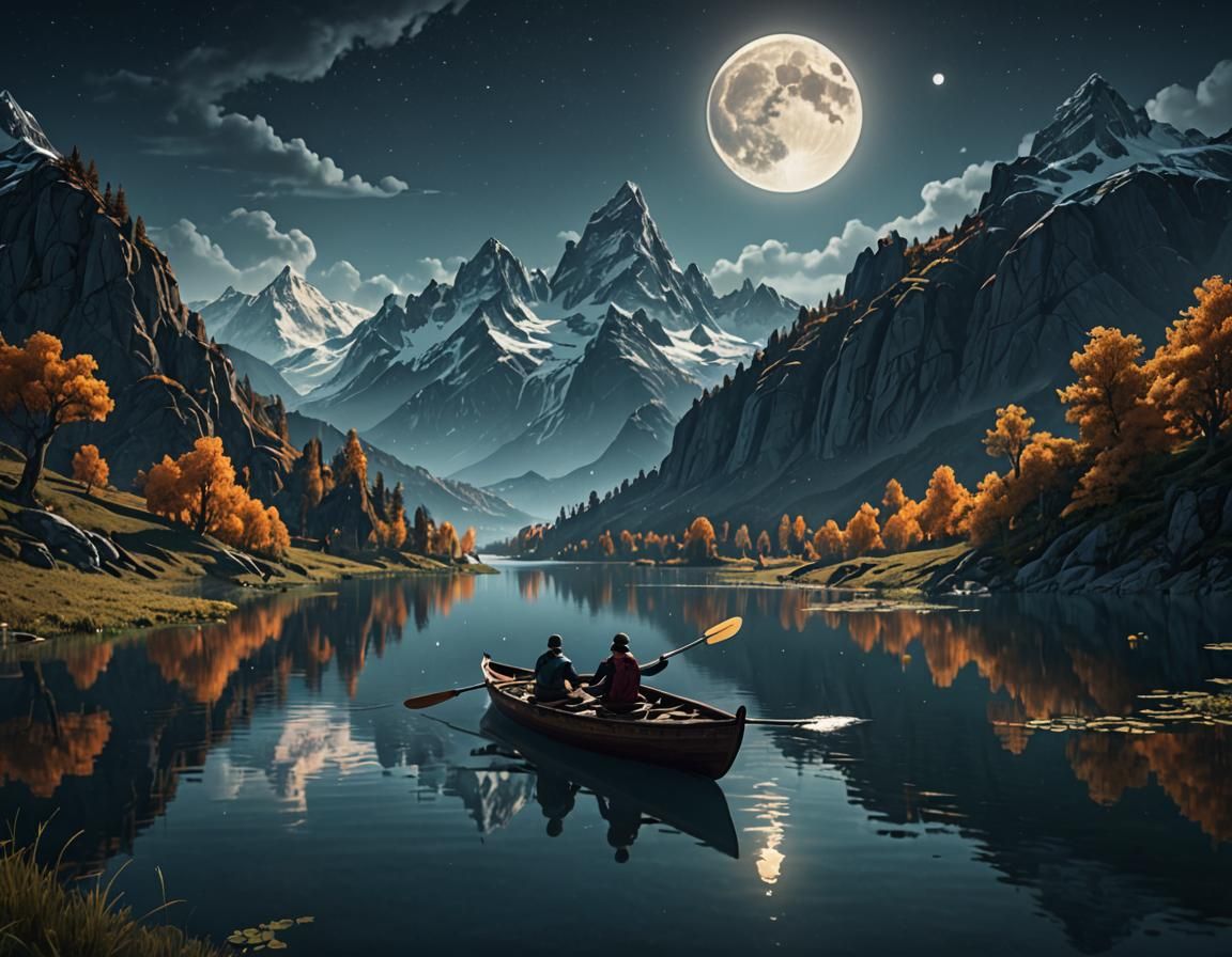 Romantic Moonlight Boat Ride in Mountain Valley